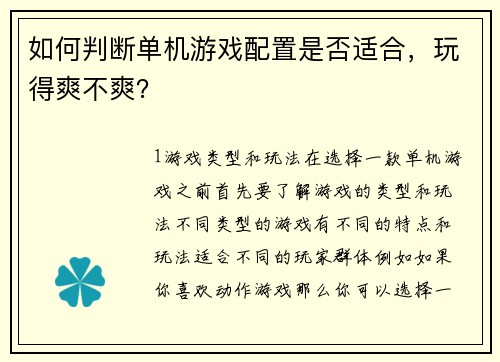 如何判断单机游戏配置是否适合，玩得爽不爽？